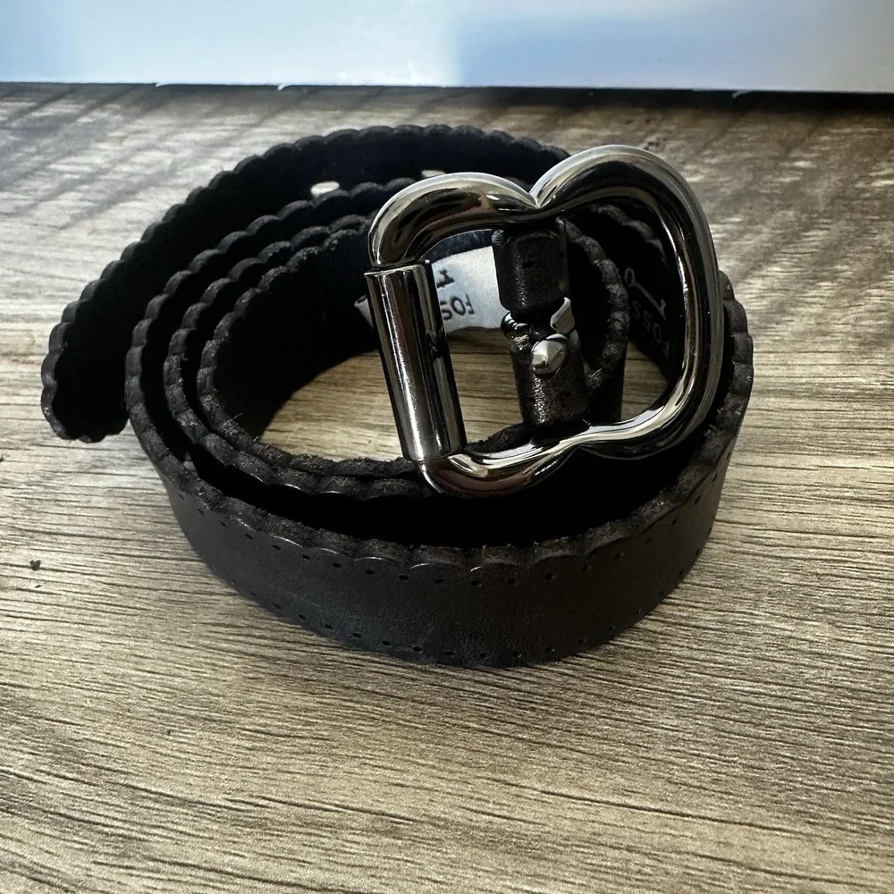 Fossil Women's Belt Black Scalloped Leather Detailed Feminine Boho Mid Width Sm
